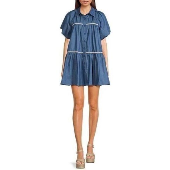 En Saison Tara Tiered Cotton Trapeze Shirtdress In Chambray Blue Size XS - Picture 12 of 12